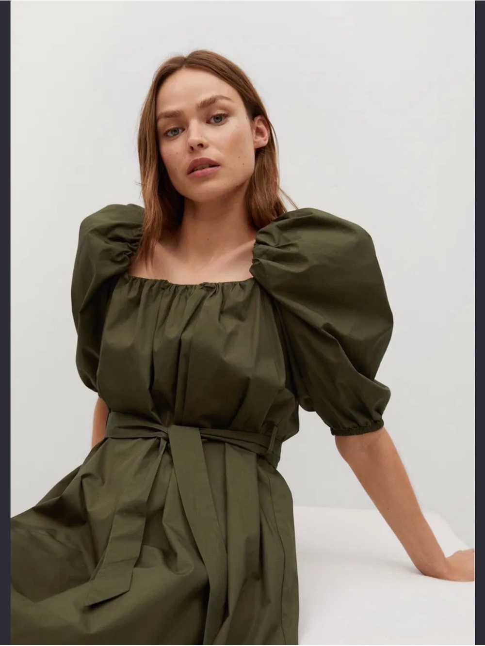 MNG Olive Popelin puff sleeve  dress